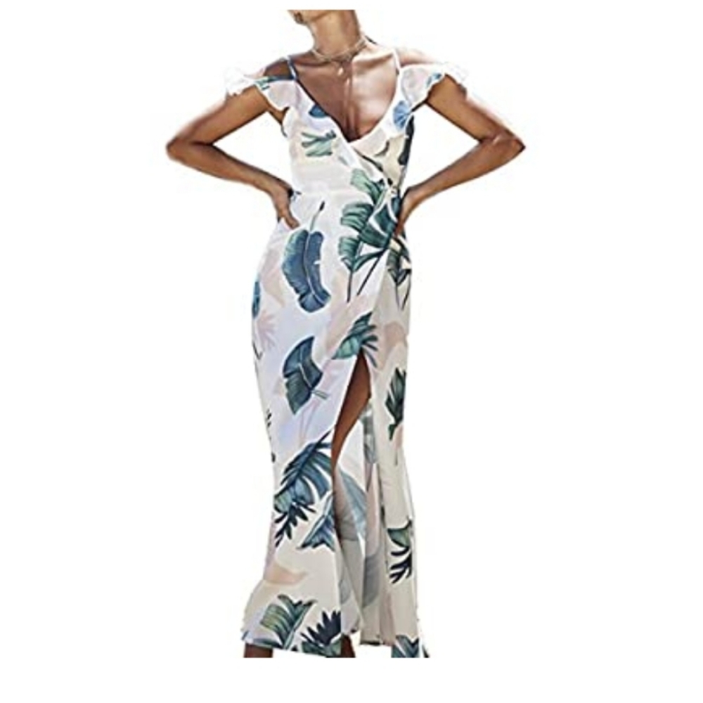 White with Leaf Prints Maxi Dress. SIZE M